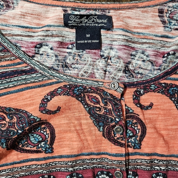 Lucky Brand Salmon Tribal Aztec Henley Shirt Medium - Picture 6 of 8